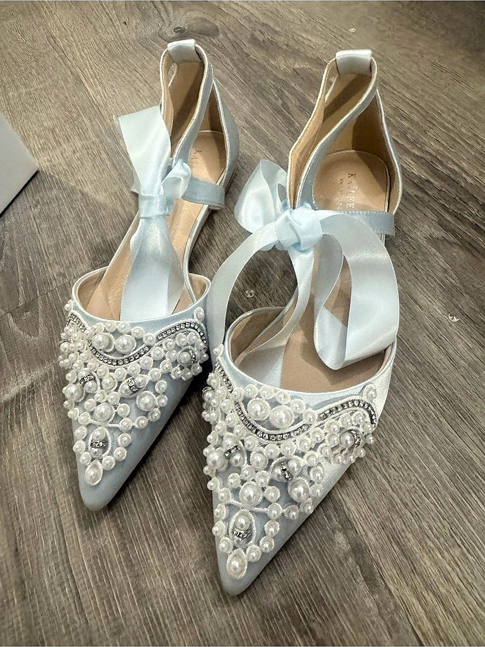 Kailee P Satin Pointy Toe Bridal Flats with Ribbon Tie or Pearls Strap